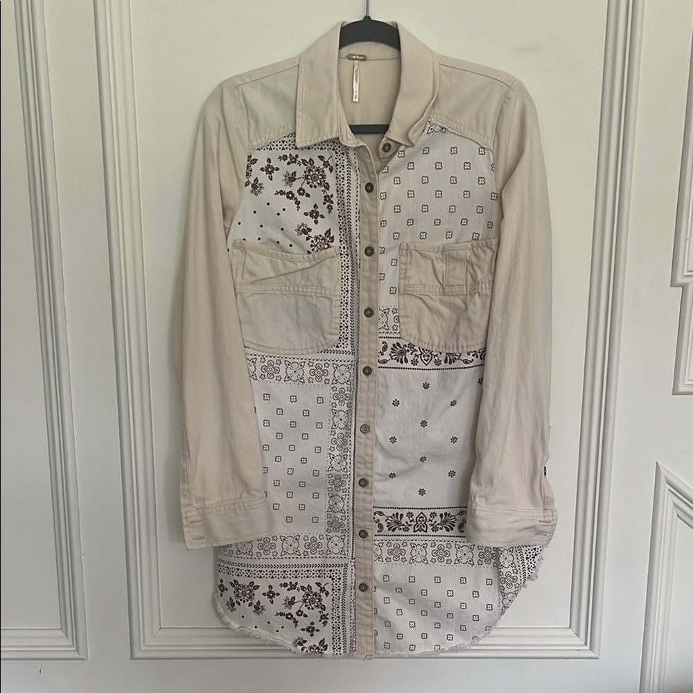 Free People Cream and Brown Casual Button Down Shirt with Paisley Design
